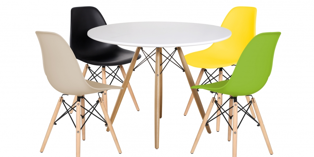 Masa rotunda din MDF cu 4 scaune, design Eames